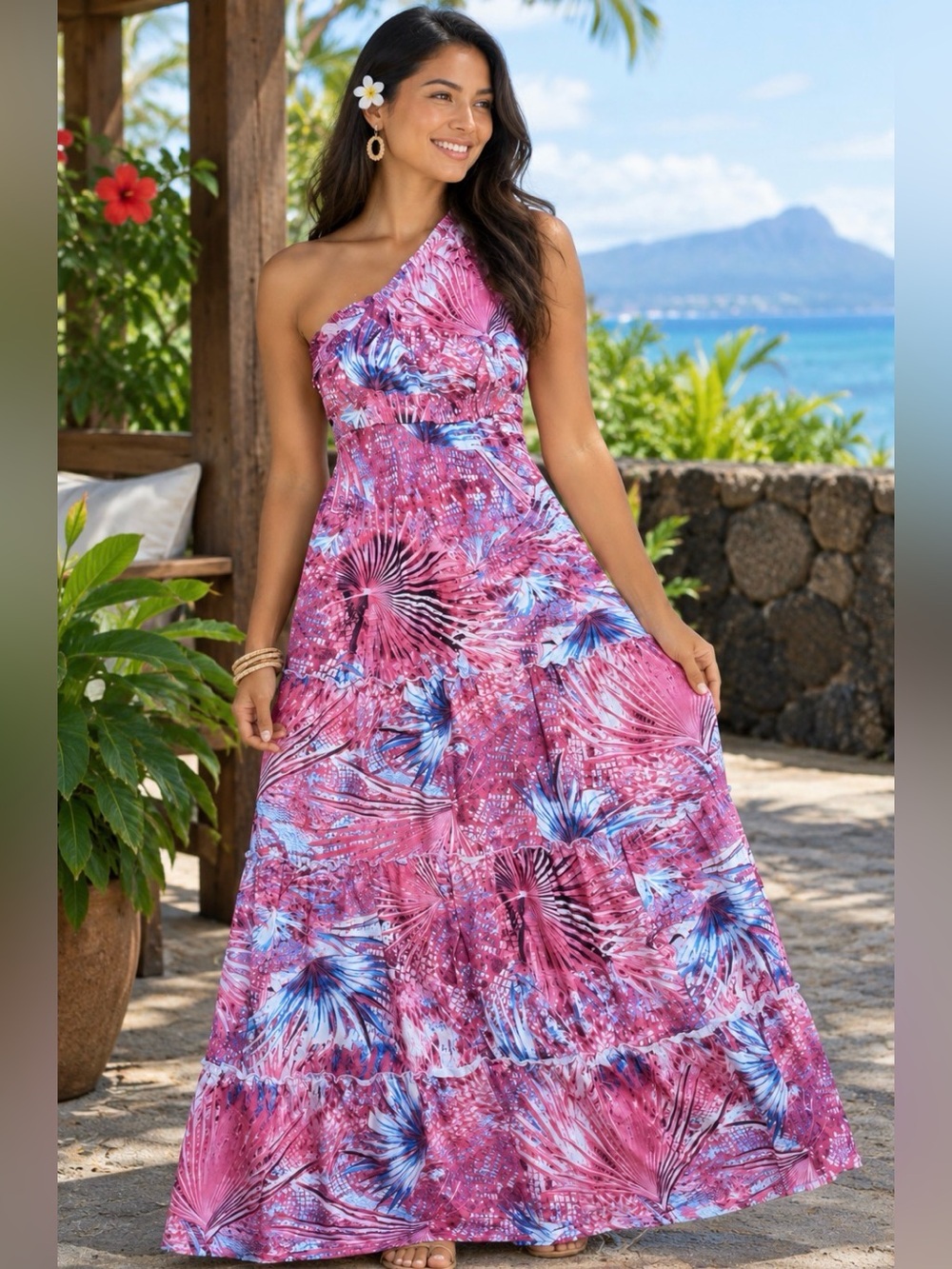One-Shoulder Pink Floral Maxi Dress